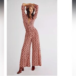 NWT Free People Shayla Tie Dye Leopard Print Peach Pink Burgundy Jumpsuit